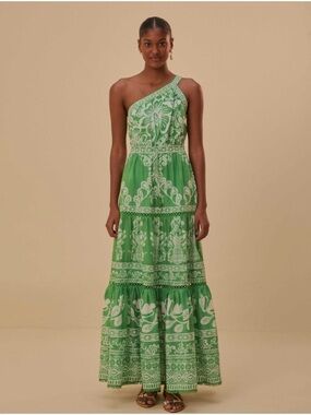FARM Rio One-Shoulder Green and White Floral Maxi Dress